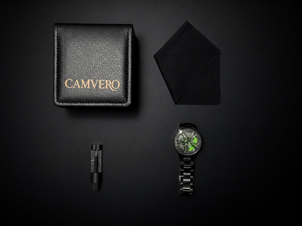 CAMVERO Watch, Premium Box, Cleaning Cloth, and Adjustment Tool